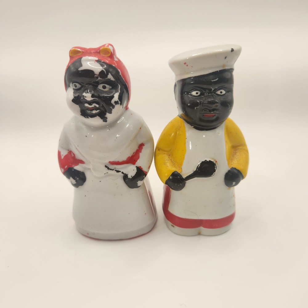 Vintage Black Americana Ceramic Salt and Pepper Shakers Chef and Mammy Set 4in